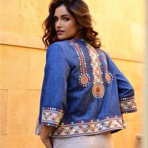 Souk Indigo Vesta Jacket Colorful Embroidered Blue Jean Reflective Blouse Blazer